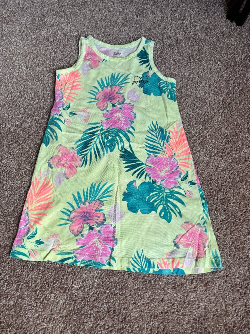 Justice Tank Dress Vibrant Lime Green Tropical Print Size XS 5/6
